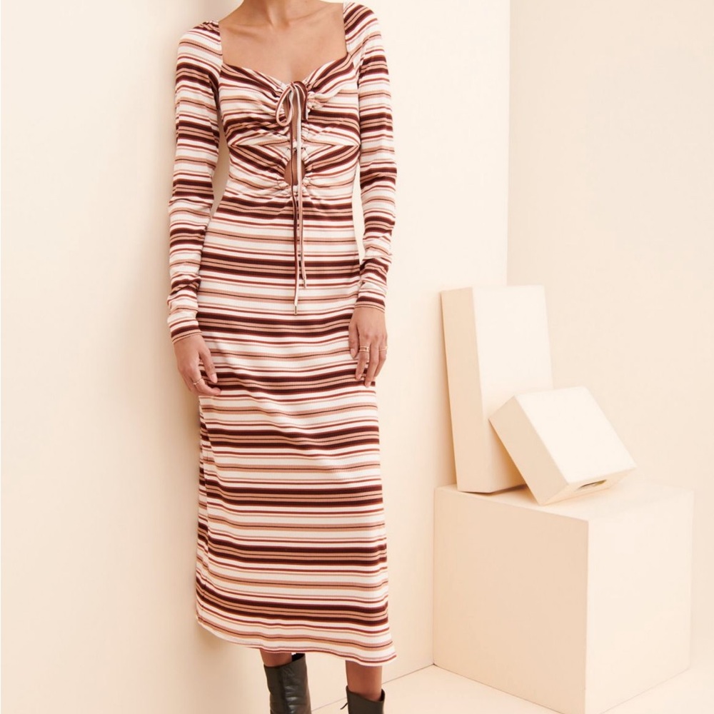 AFRM Jordana Stripe Long Sleeve Ruched Rib Midi Dress